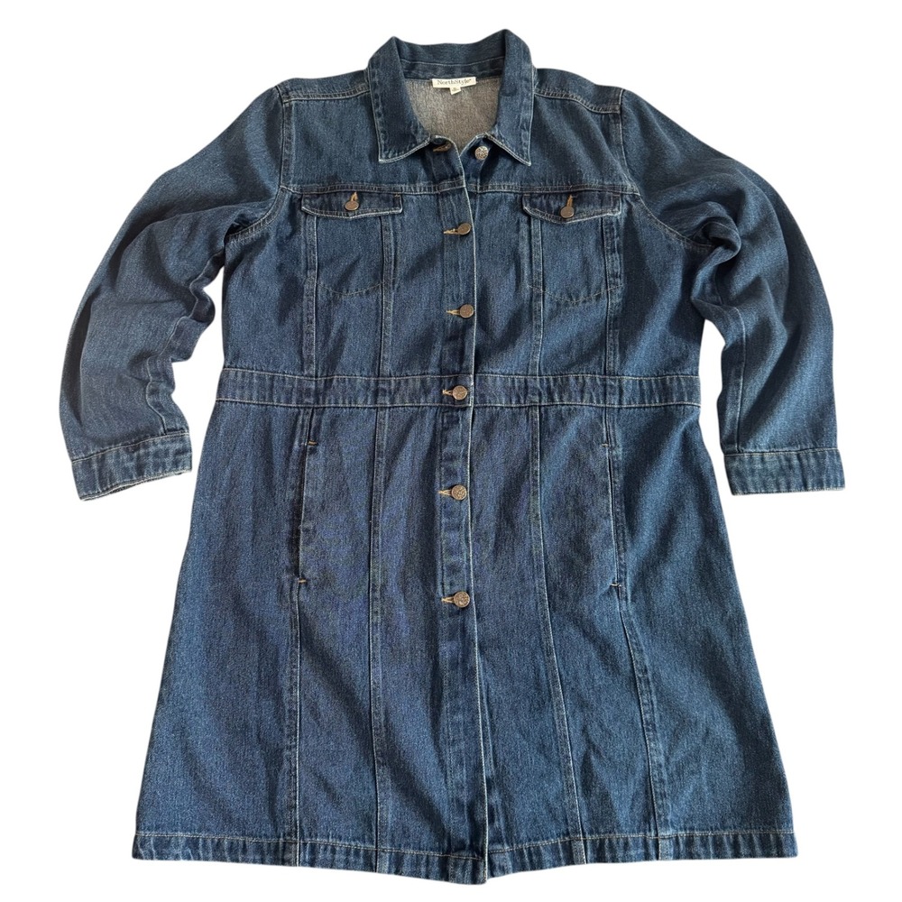 NorthStyle XL Blue Button Front Long Sleeve Cotton Women's Denim Shirt Dress